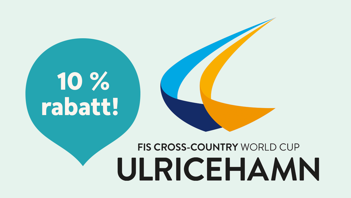 Logo Wordl Cup Längdskidor 2027 Ulricehamn, turkos droppe med text 10 % rabatt