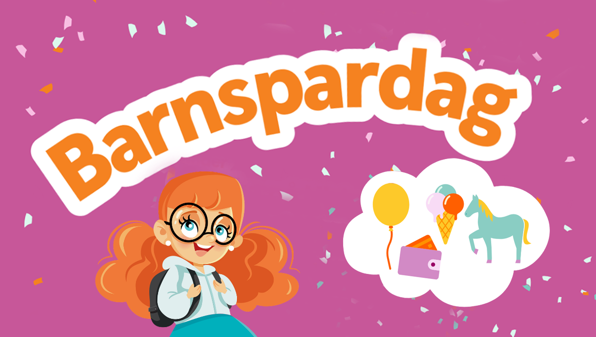 Illustration med texten Barnspardag, ett vitt moln med figur av häst, ballong, glass och en glad tjej med rött hår