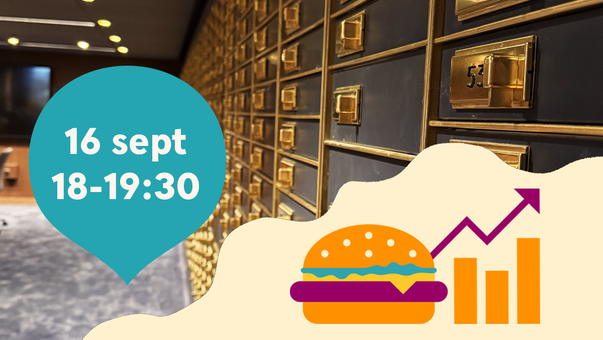 I bakgrunden ett mötesrum med en sidovägg av gamla bankfack, turkos bubbla med texten 16 sept 18-19:30 och en illustration av en burgare och en graf