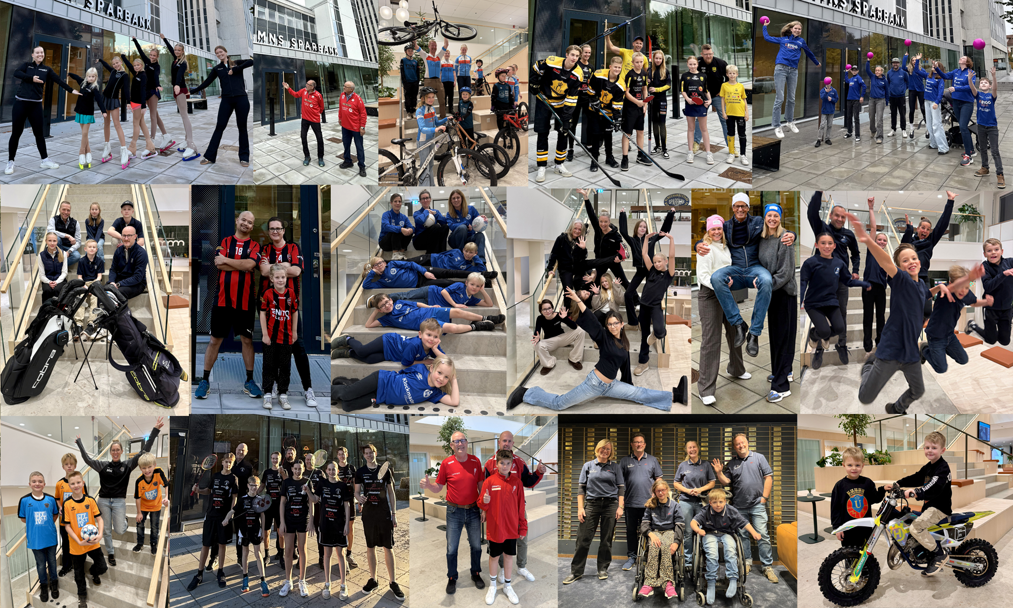 Föreningsmänniskor, unga och gamla,  sina klubbkläder står och håller en sponsringscheck, tittar in i kameran och ler