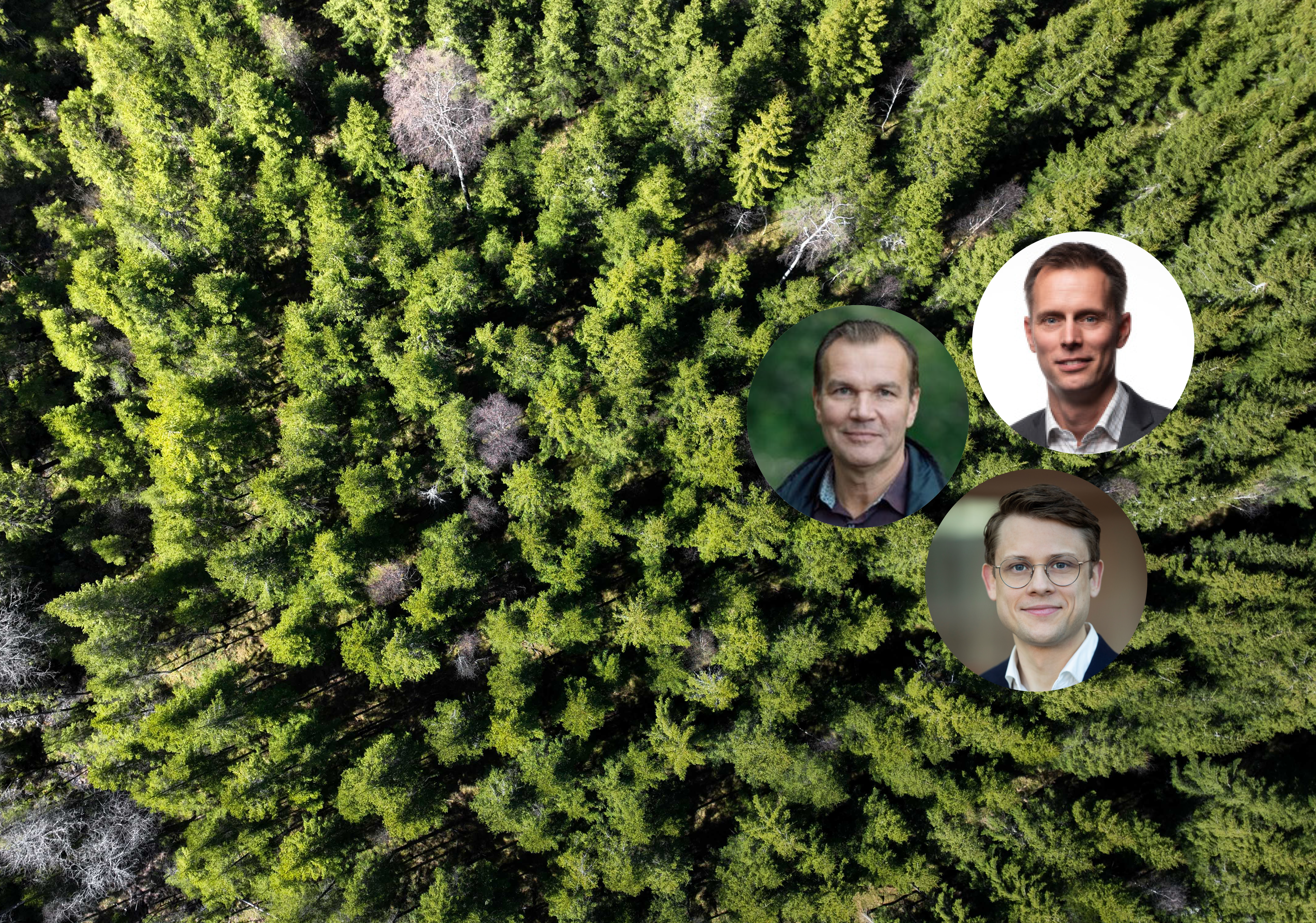 Bakgrund av skog - tre cirkelfoton med en man som tittar in i kameran och ler