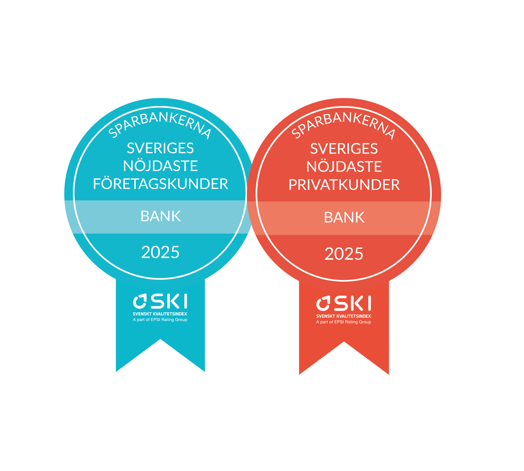 En turkos medalj Sparbankerna sveriges nöjdaste företagskunder 2025 SKI, En röd medalj Sparbankerna sveriges nöjdaste privatkunder 2025 SKI