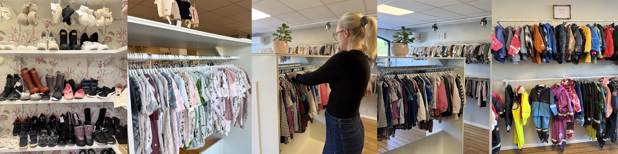 Barnkläder som hänger fint i ordning på galgar, skor i hyllor och regnkläder hänger vid en vägg