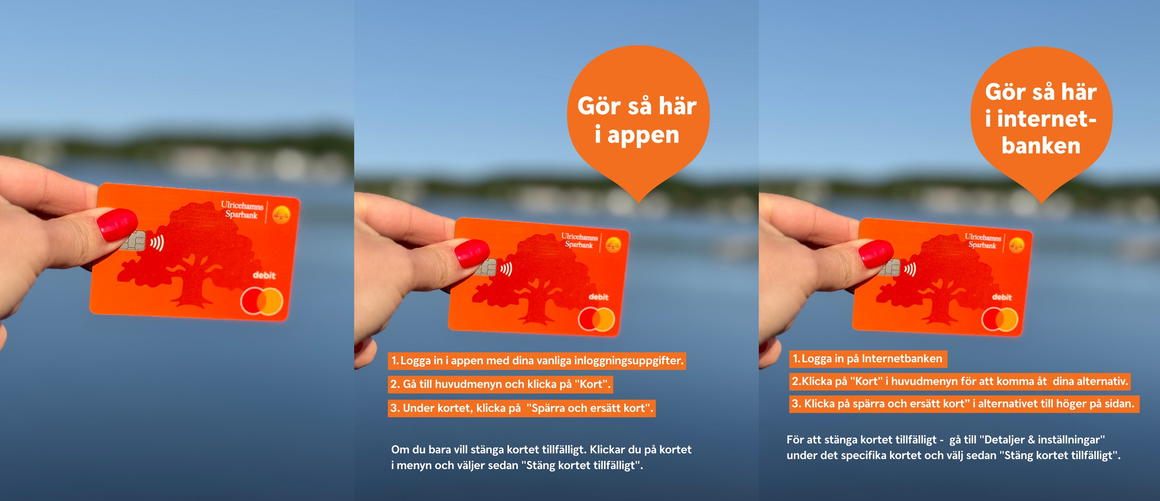 En hand håller i ett orange bankkort mastercard, en sjö med blått vatten i bakgrunden