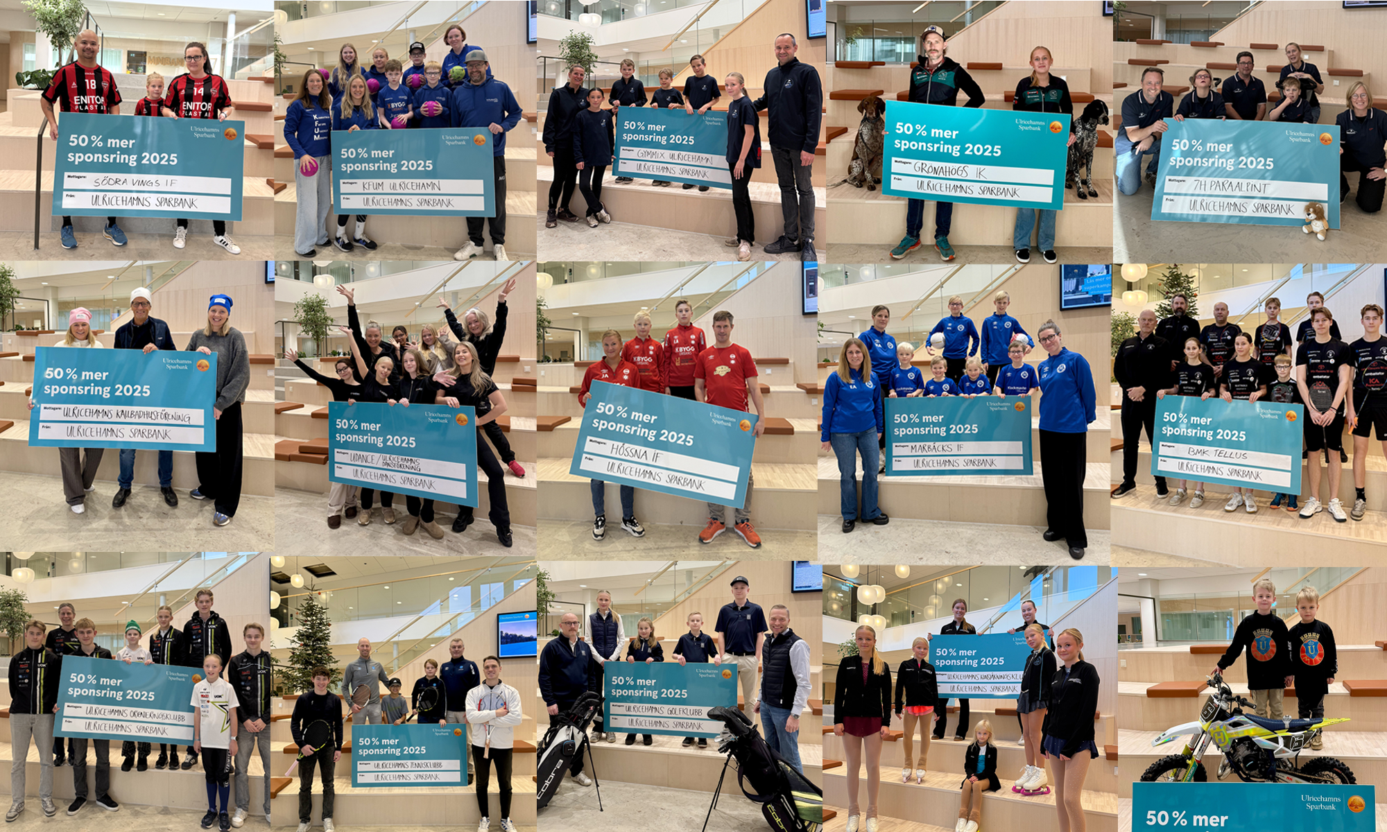 Massa olika föreningar i klubbkläder står och håller i en turkos skylt med texten 50 % mer sponsring